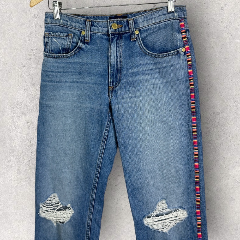 Ramy Brook Rosie Boyfriend Jeans Embroidered‎ Stripe Size 25 Boho Distress Denim - Picture 9 of 16
